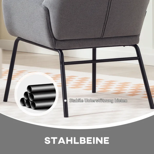 Moderne gestoffeerde stoel, hoge rugleuning, dikke bekleding, metalen poten, grijs 6