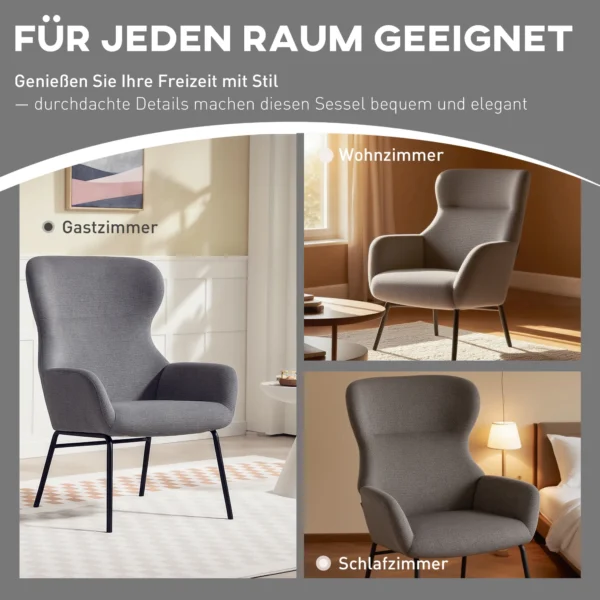 Moderne gestoffeerde stoel, hoge rugleuning, dikke bekleding, metalen poten, grijs 7