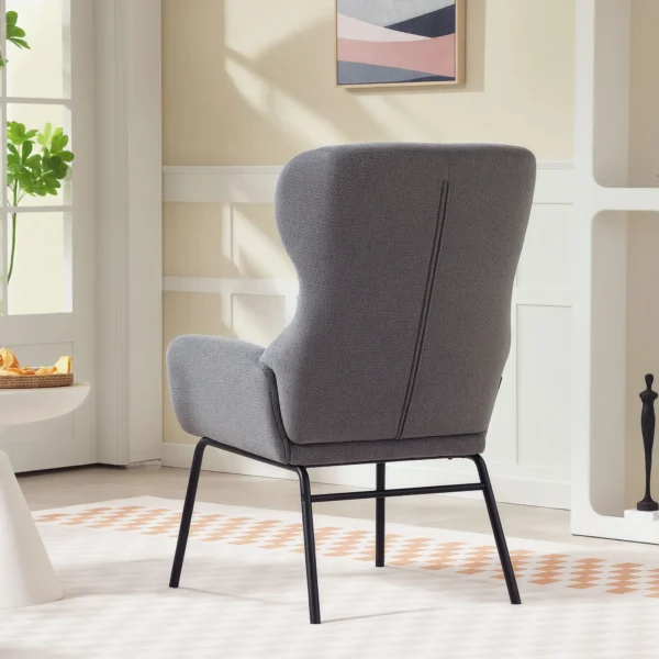 Moderne gestoffeerde stoel, hoge rugleuning, dikke bekleding, metalen poten, grijs 8