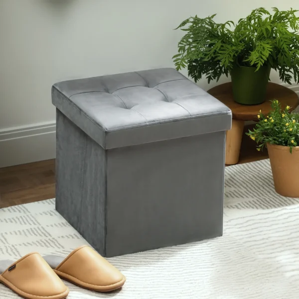 Opvouwbare zitkruk met opslagruimte, opbergdoos, schuimstof, mdf, grijs 8
