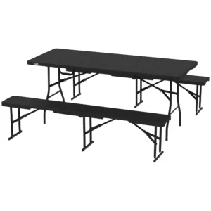 Picknicktafel en banken, 3 delig set, opvouwbaar, kunststof, metaal, zwart 1