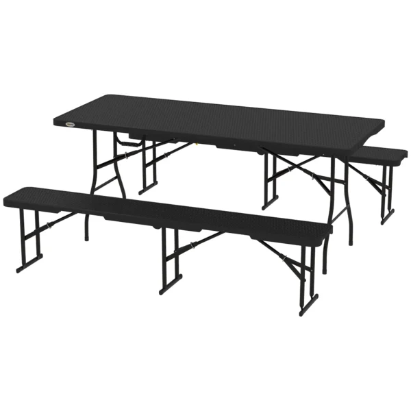 Picknicktafel en banken, 3 delig set, opvouwbaar, kunststof, metaal, zwart 1
