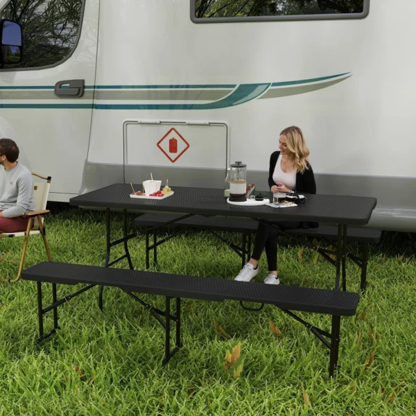 Picknicktafel en banken, 3 delig set, opvouwbaar, kunststof, metaal, zwart 2