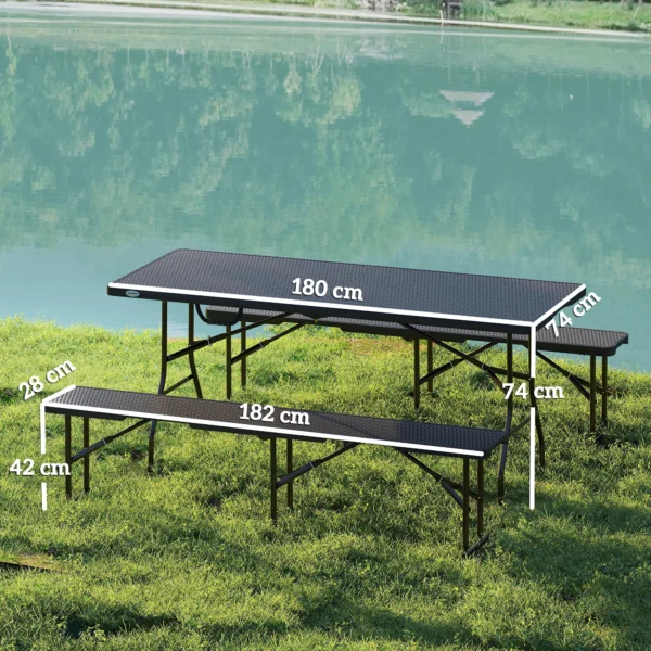 Picknicktafel en banken, 3 delig set, opvouwbaar, kunststof, metaal, zwart 4