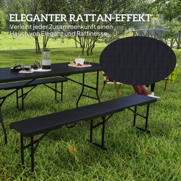 Picknicktafel en banken, 3 delig set, opvouwbaar, kunststof, metaal, zwart 5