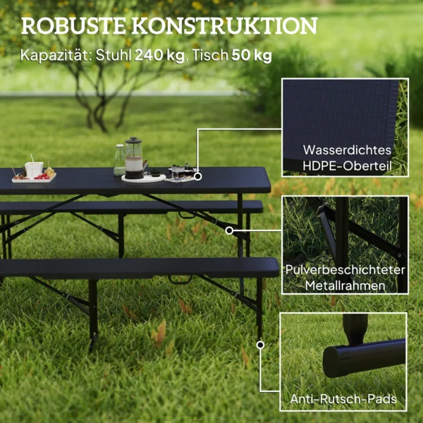 Picknicktafel en banken, 3 delig set, opvouwbaar, kunststof, metaal, zwart 6