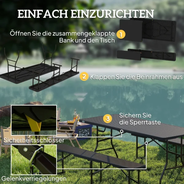 Picknicktafel en banken, 3 delig set, opvouwbaar, kunststof, metaal, zwart 8
