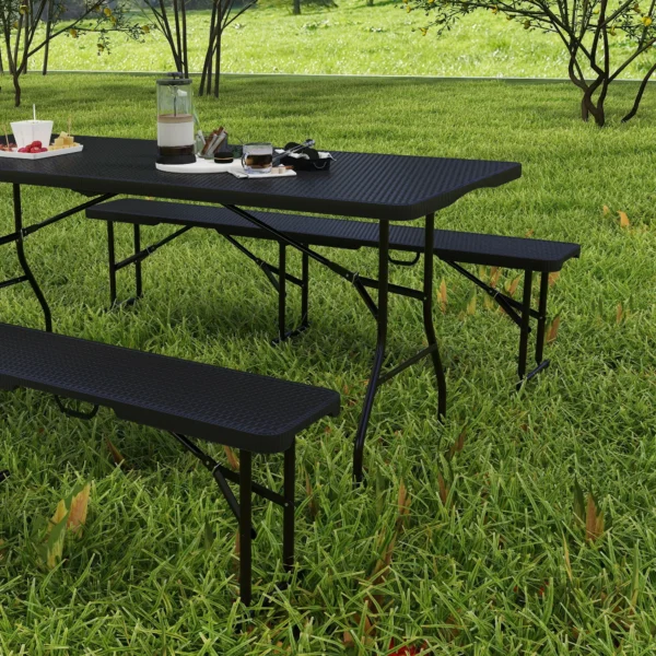 Picknicktafel en banken, 3 delig set, opvouwbaar, kunststof, metaal, zwart 9