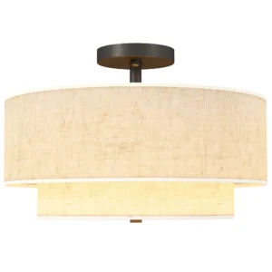 Plafondlamp, hanglamp met dubbele schermen in linnenlook, crèmewit 1