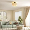 Plafondlamp, hanglamp met dubbele schermen in linnenlook, crèmewit 2