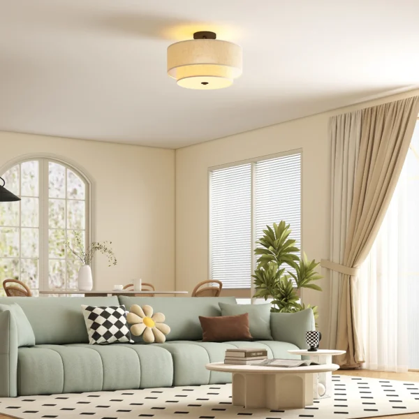 Plafondlamp, hanglamp met dubbele schermen in linnenlook, crèmewit 2