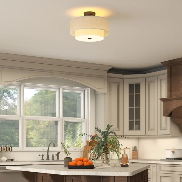 Plafondlamp, hanglamp met dubbele schermen in linnenlook, crèmewit 7