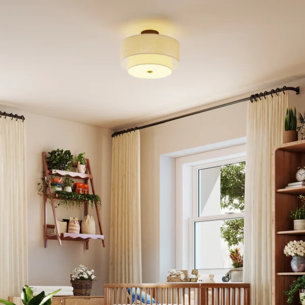 Plafondlamp, hanglamp met dubbele schermen in linnenlook, crèmewit 9