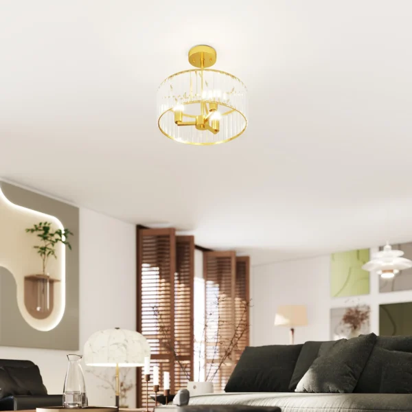 Plafondlamp, kroonluchter design, kristallen scherm, 3 gloeilampen, metaal, goudkleurig 10