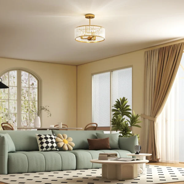 Plafondlamp, kroonluchter design, kristallen scherm, 3 gloeilampen, metaal, goudkleurig 2