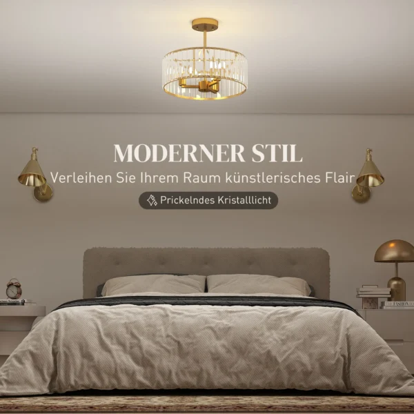 Plafondlamp, kroonluchter design, kristallen scherm, 3 gloeilampen, metaal, goudkleurig 5