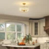 Plafondlamp, kroonluchter design, kristallen scherm, 3 gloeilampen, metaal, goudkleurig 7