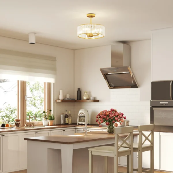 Plafondlamp, kroonluchter design, kristallen scherm, 3 gloeilampen, metaal, goudkleurig 9