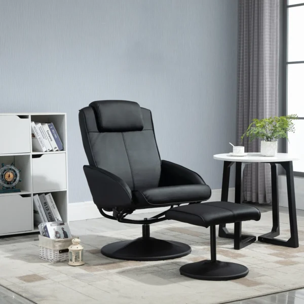Relaxstoel met voetenbank, kunstleder bekleding, kantelbaar, ergonomisch ontwerp, zwart 2