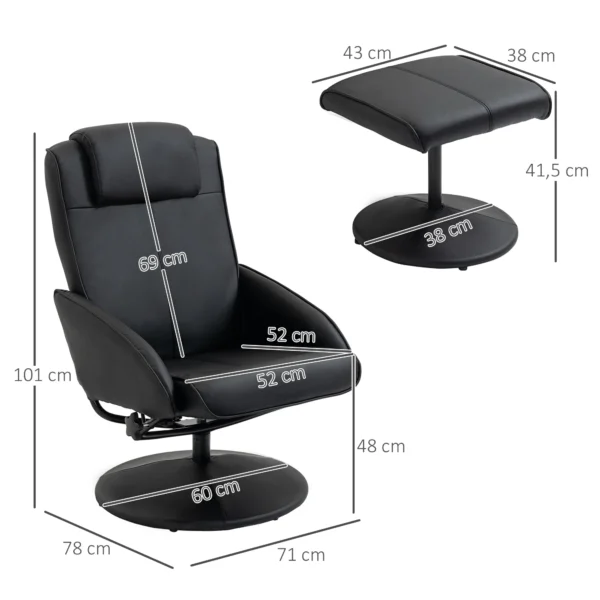 Relaxstoel met voetenbank, kunstleder bekleding, kantelbaar, ergonomisch ontwerp, zwart 4
