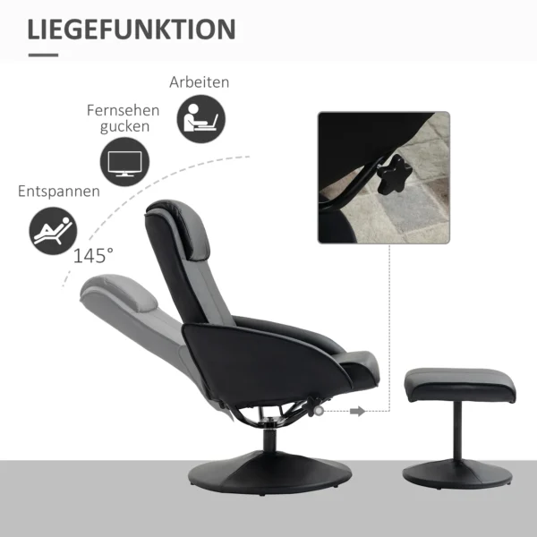 Relaxstoel met voetenbank, kunstleder bekleding, kantelbaar, ergonomisch ontwerp, zwart 5