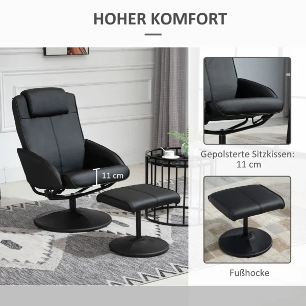 Relaxstoel met voetenbank, kunstleder bekleding, kantelbaar, ergonomisch ontwerp, zwart 6