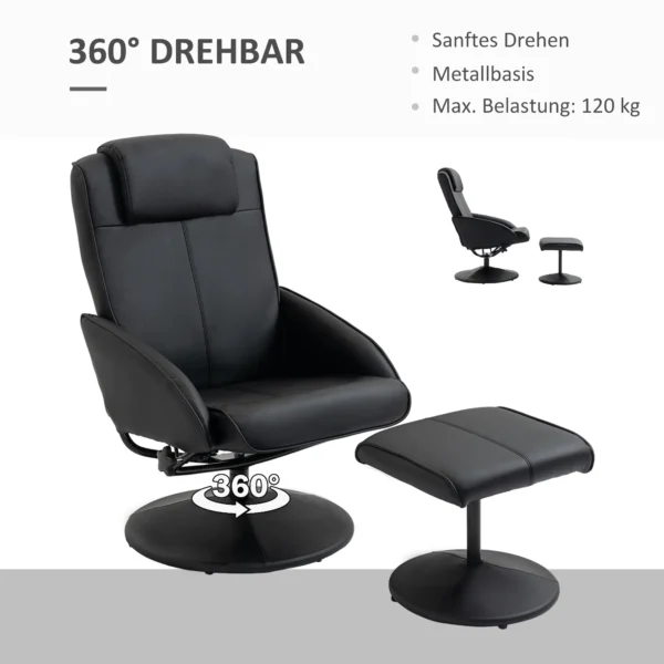 Relaxstoel met voetenbank, kunstleder bekleding, kantelbaar, ergonomisch ontwerp, zwart 7