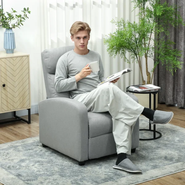Relaxstoel, verstelbaar 135°, uitschuifbare voetensteun, gevoerde leuningen, linnen polyester, lichtgrijs 2