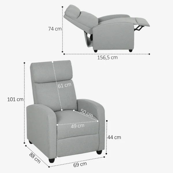 Relaxstoel, verstelbaar 135°, uitschuifbare voetensteun, gevoerde leuningen, linnen polyester, lichtgrijs 4
