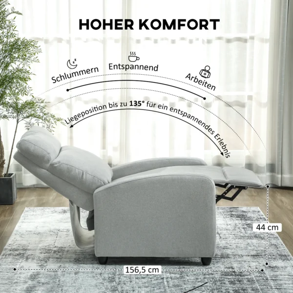Relaxstoel, verstelbaar 135°, uitschuifbare voetensteun, gevoerde leuningen, linnen polyester, lichtgrijs 5