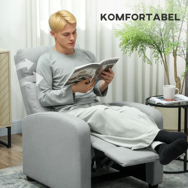Relaxstoel, verstelbaar 135°, uitschuifbare voetensteun, gevoerde leuningen, linnen polyester, lichtgrijs 6