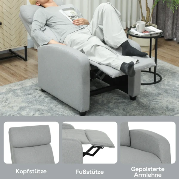 Relaxstoel, verstelbaar 135°, uitschuifbare voetensteun, gevoerde leuningen, linnen polyester, lichtgrijs 7