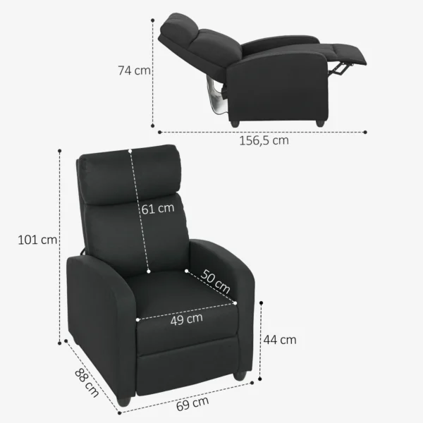 Relaxstoel, verstelbaar 135°, uitschuifbare voetensteun, gevoerde rugleuningen, linnen polyester, zwart 4
