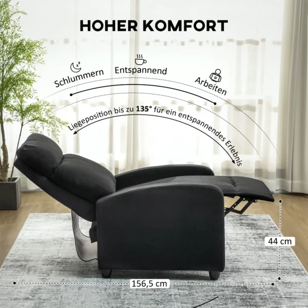 Relaxstoel, verstelbaar 135°, uitschuifbare voetensteun, gevoerde rugleuningen, linnen polyester, zwart 5