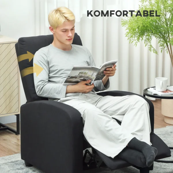 Relaxstoel, verstelbaar 135°, uitschuifbare voetensteun, gevoerde rugleuningen, linnen polyester, zwart 6