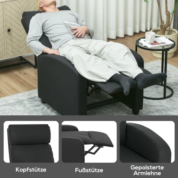 Relaxstoel, verstelbaar 135°, uitschuifbare voetensteun, gevoerde rugleuningen, linnen polyester, zwart 7