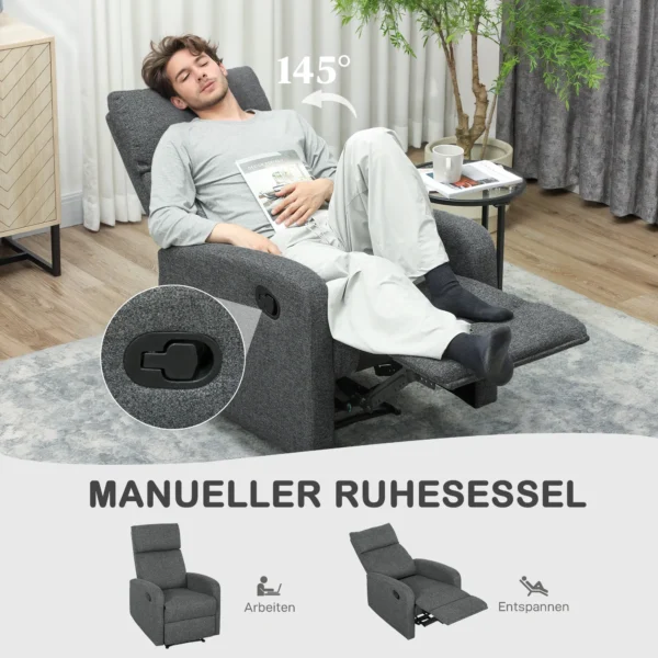 Relaxstoel, verstelbare ligstoel met aanpasbare beensteun, moderne woonkamerstoel met stoffen bekleding, grijs 5