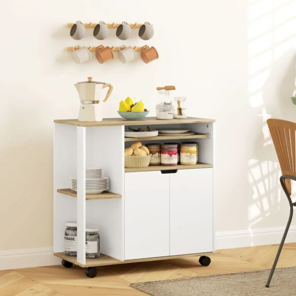 Rolwagen voor de keuken met opbergruimte, kast, verstelbare planken, voor keuken, woonkamer, eetkamer, wit 2