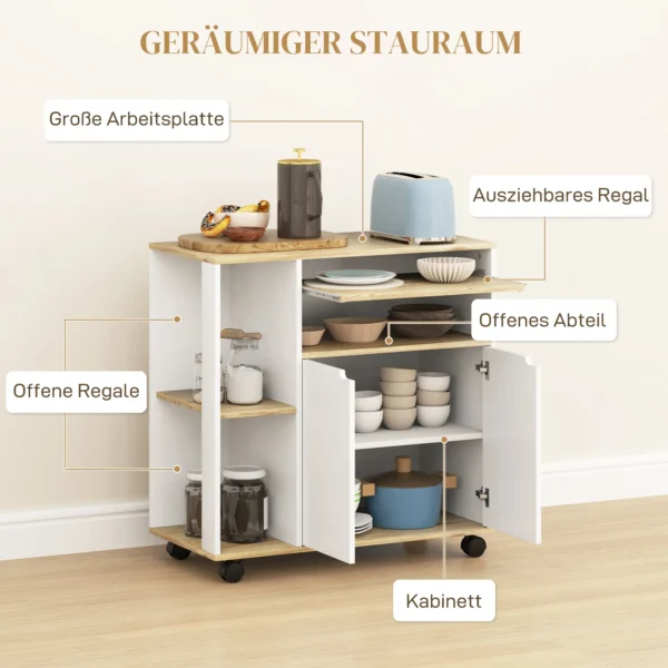 Rolwagen voor de keuken met opbergruimte, kast, verstelbare planken, voor keuken, woonkamer, eetkamer, wit 5