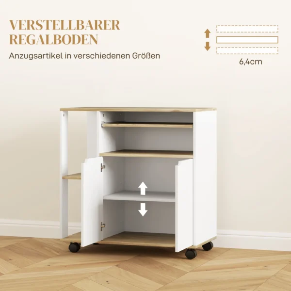 Rolwagen voor de keuken met opbergruimte, kast, verstelbare planken, voor keuken, woonkamer, eetkamer, wit 6