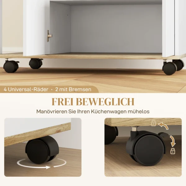 Rolwagen voor de keuken met opbergruimte, kast, verstelbare planken, voor keuken, woonkamer, eetkamer, wit 7