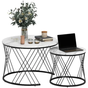Salontafels in set van 2, marmerlook, spaanplaat, metaal, ronde koffietafels voor woonkamer, stapelbaar, wit 1