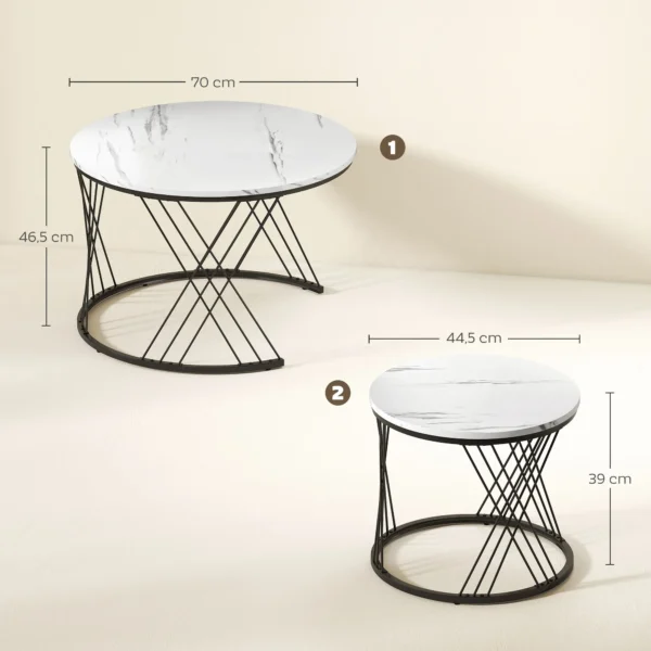 Salontafels in set van 2, marmerlook, spaanplaat, metaal, ronde koffietafels voor woonkamer, stapelbaar, wit 4