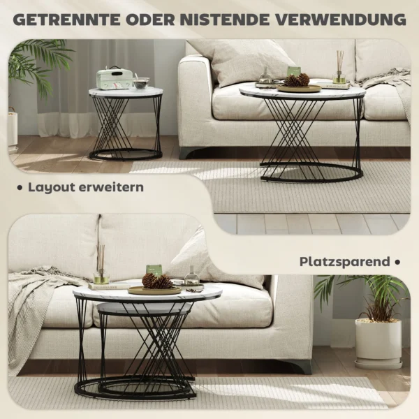 Salontafels in set van 2, marmerlook, spaanplaat, metaal, ronde koffietafels voor woonkamer, stapelbaar, wit 5