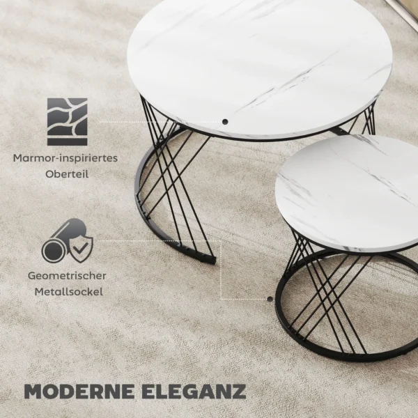 Salontafels in set van 2, marmerlook, spaanplaat, metaal, ronde koffietafels voor woonkamer, stapelbaar, wit 6
