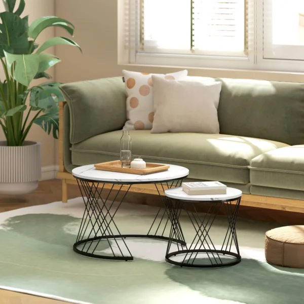 Salontafels in set van 2, marmerlook, spaanplaat, metaal, ronde koffietafels voor woonkamer, stapelbaar, wit 8
