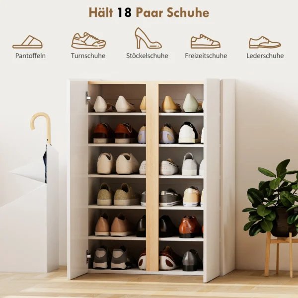 Schoenenkast met soft close functie, 6 traps ontwerp zonder handgrepen, geschikt voor maximaal 18 paar, voor hal, entree, hout, wit 5