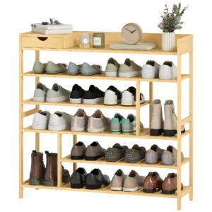 Schoenenrek, schoenenstandaard met 6 niveaus, lade van bamboe, voor max. 18 paar schoenen, schoenenplank voor entree, slaapkamer, 101 x 30 x 100 cm, natuur 1