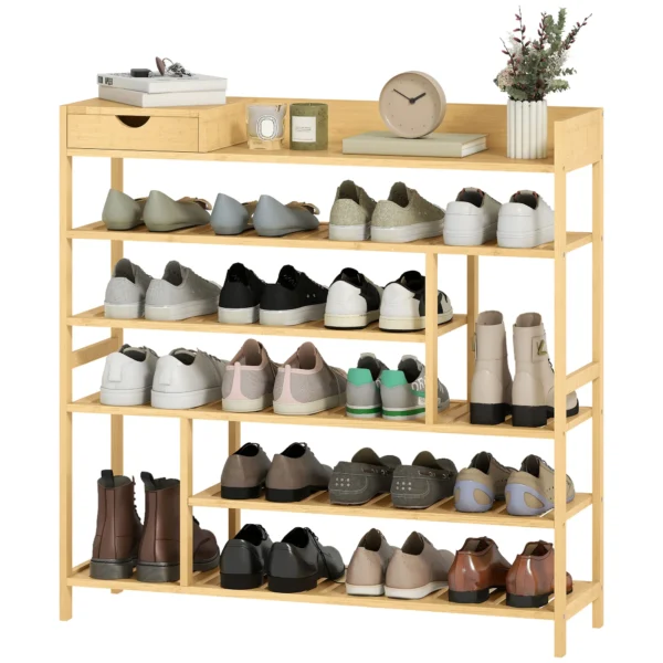 Schoenenrek, schoenenstandaard met 6 niveaus, lade van bamboe, voor max. 18 paar schoenen, schoenenplank voor entree, slaapkamer, 101 x 30 x 100 cm, natuur 1