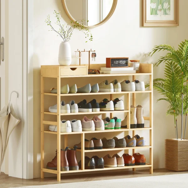 Schoenenrek, schoenenstandaard met 6 niveaus, lade van bamboe, voor max. 18 paar schoenen, schoenenplank voor entree, slaapkamer, 101 x 30 x 100 cm, natuur 2
